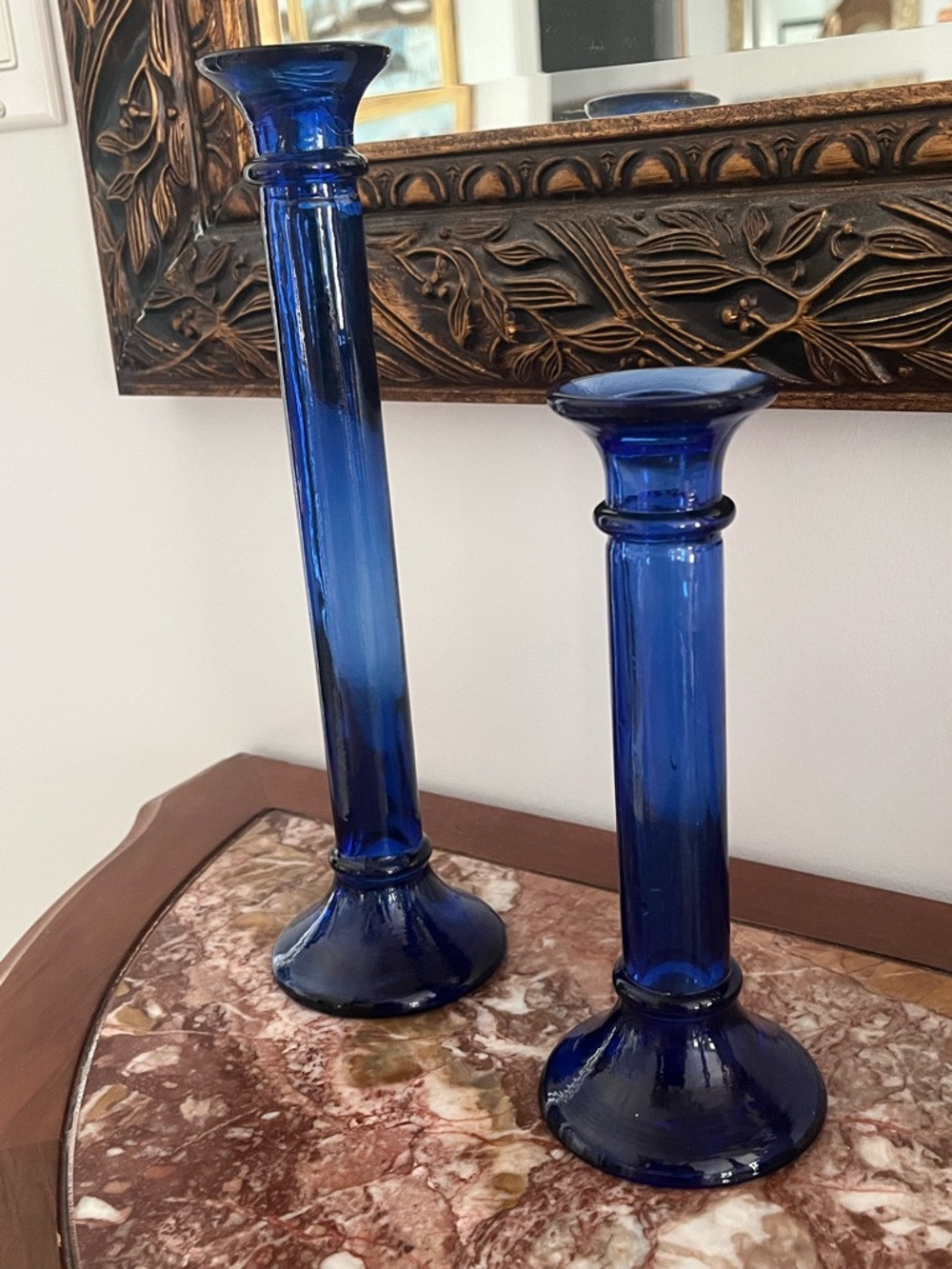 Vintage Spanish Cobalt Blue Recycled Glass Candlesticks - Set of 2